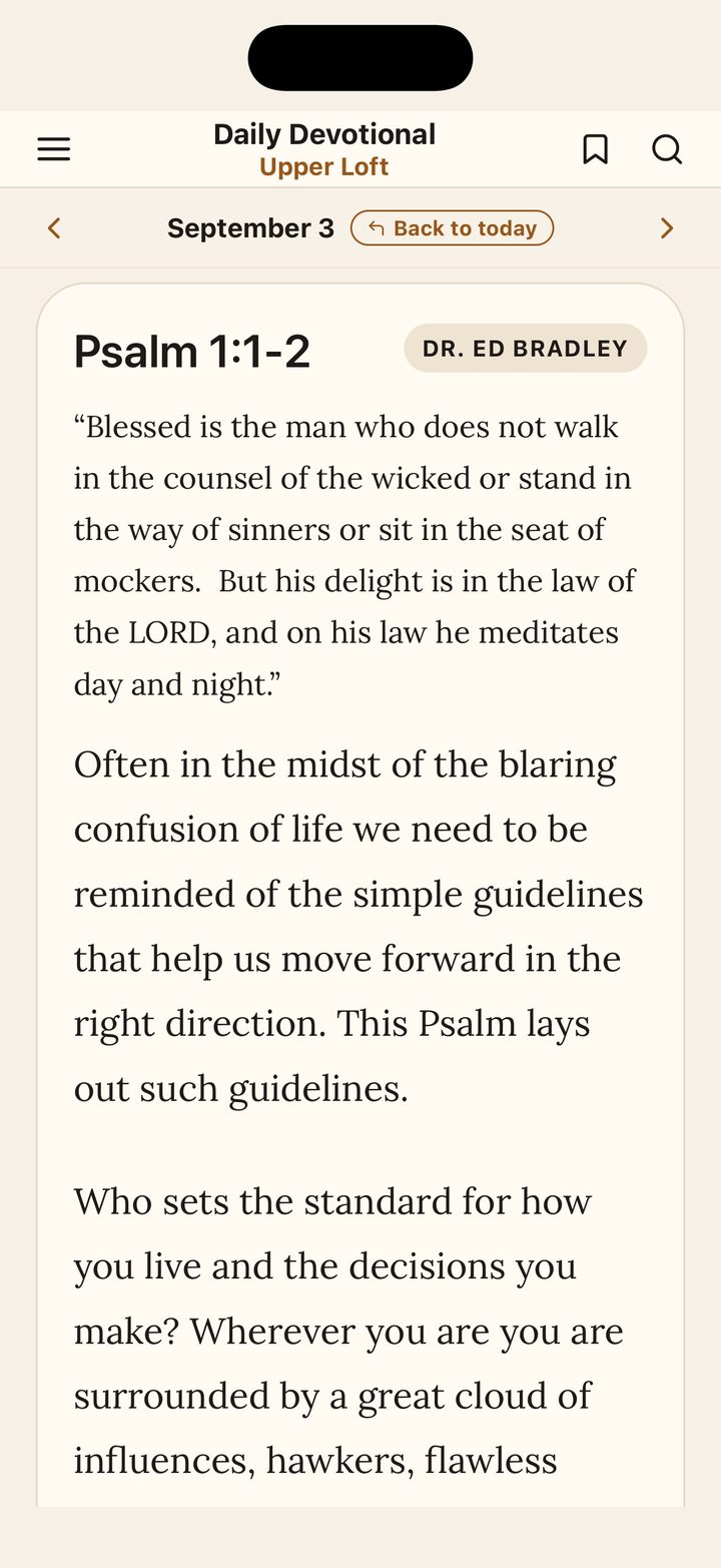 The Upper Loft devotional by Dr. Ed Bradley in Oakseed Bible, on Psalm 1:1-2