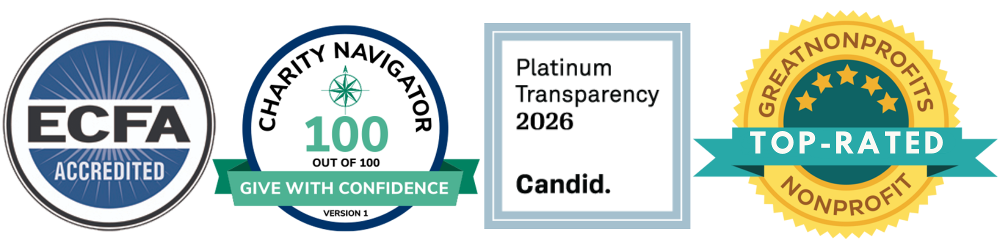 ECFA Accredited, Charity Navigator 100/100, Candid Platinum Transparency 2026